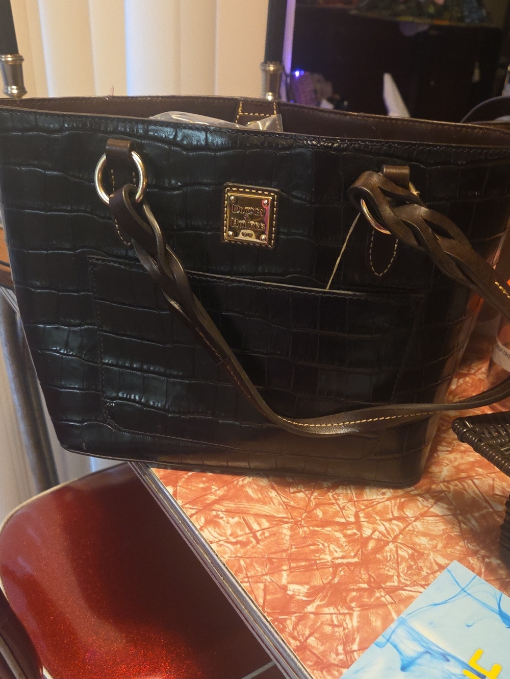 Dooney & Bourke Brown Croc-Embossed Satchel with Braided Straps